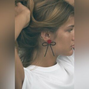 Zara black beaded bow earrings with red rose NWOT